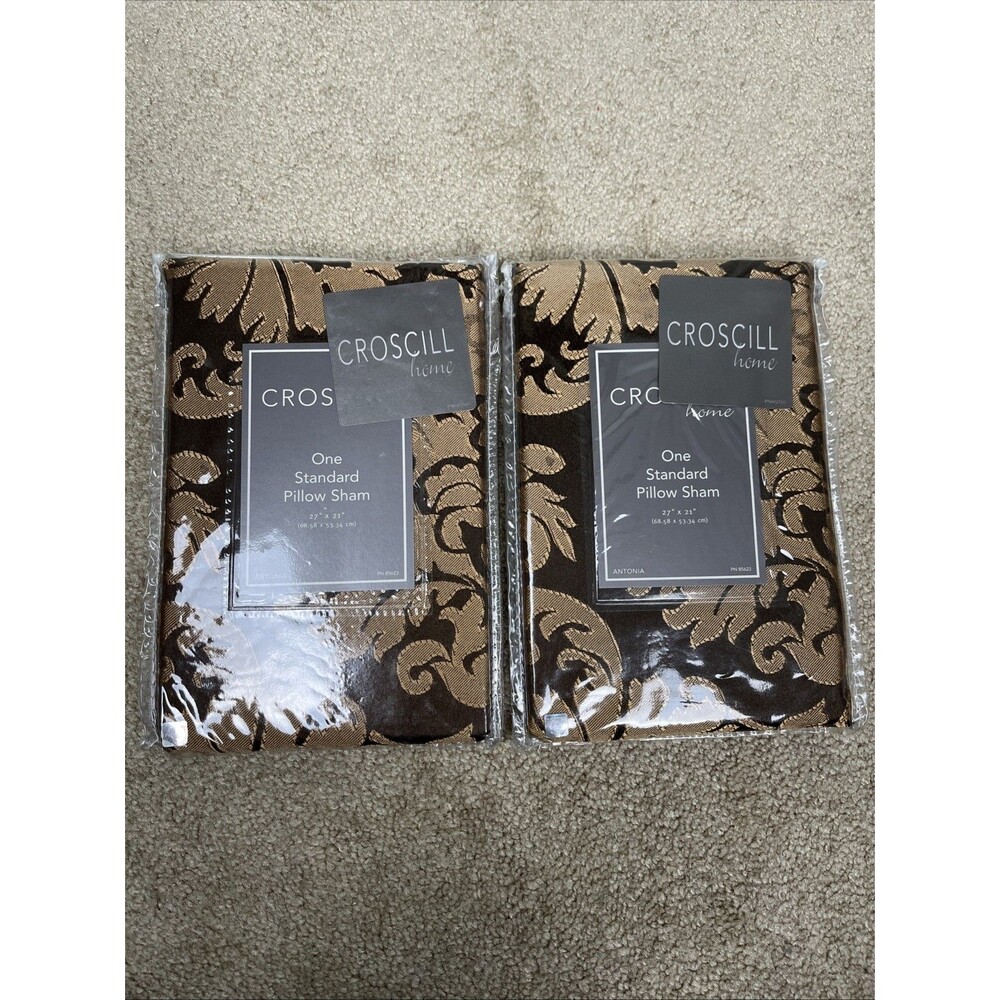 Croscill Home Pair (2) ANTONIA Cocoa Brown Damask Standard Pillow Sham 2287 NIP